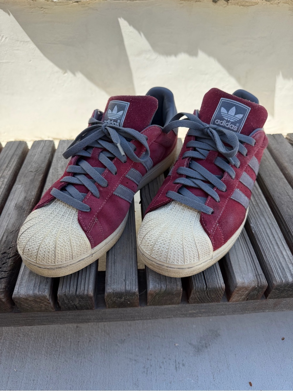 adidas Burgundy Suede Shell-Toe Sneakers with Gray Stripes